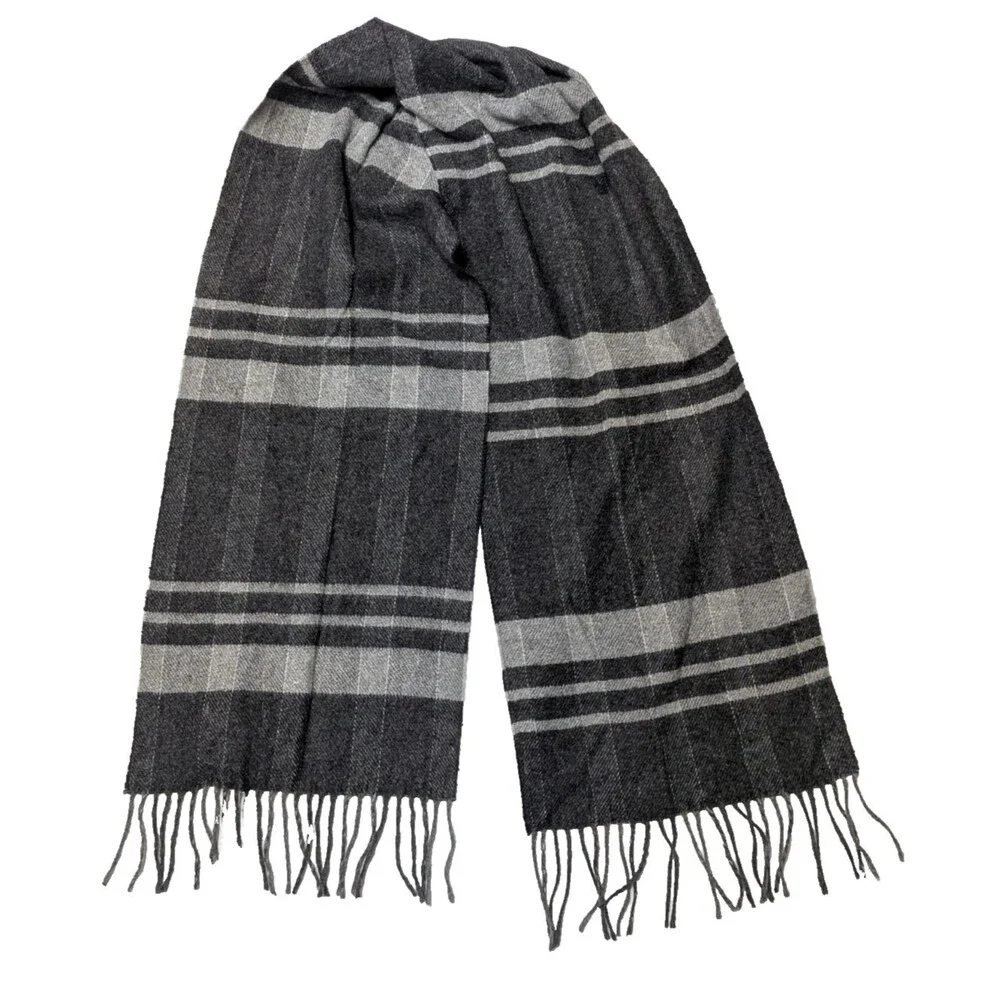 Italian Woollen Treasures Luxury Lambswool Soft Scarf Plaid Grey 11.5x62
